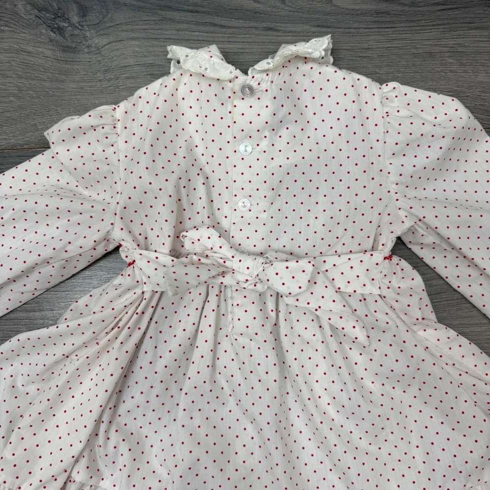 Vintage Polly Flinders Hand‑Smocked Heart Polka Dot Dress White/Red Kids Size 4